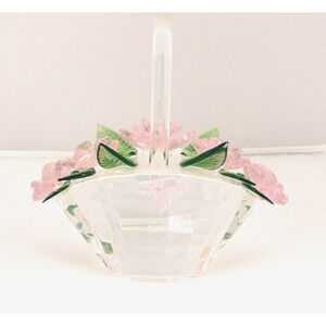 Sorelle Crystal Spring Basket of Flowers Pink Petals Green Leaves Bow 5 in Tall